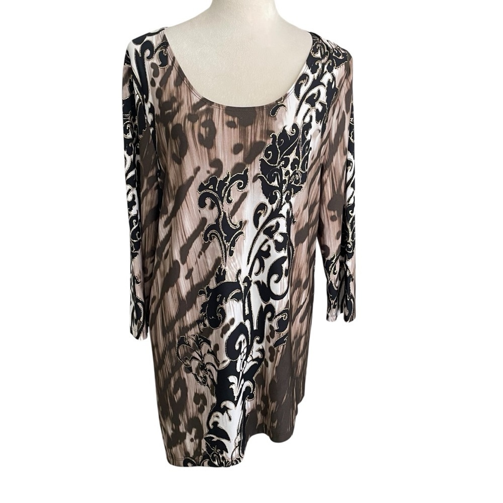 Chico's Travelers Artsy Gold Swirls Brown Asymmetrical Tunic‎ Top Women Sz L (2)